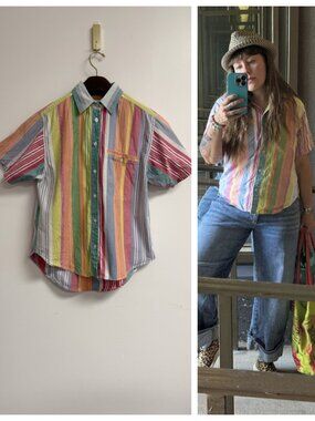 Vintage 90s Bright Multicolored Striped Button Down Short Sleeve S/M